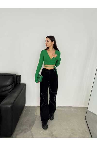 SHEVEGA Women's Black Leg Starred Wide Leg Jeans Jeans Pants