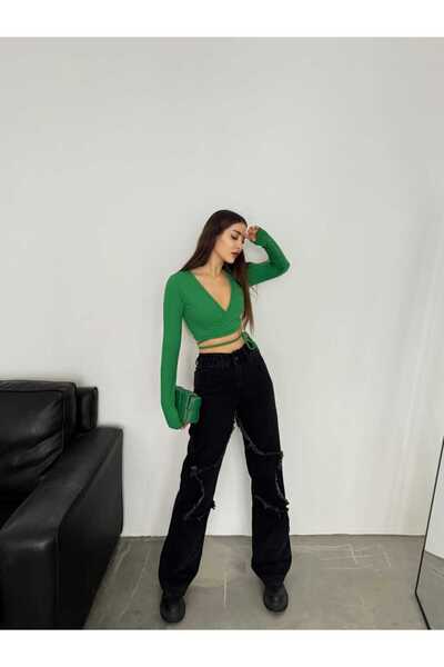 SHEVEGA Women's Black Leg Starred Wide Leg Jeans Jeans Pants