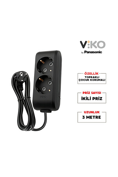 VİKO İkili Çoklu Priz, Topraklı, Uzatma Kablosu, 2li, 3m, Siyah