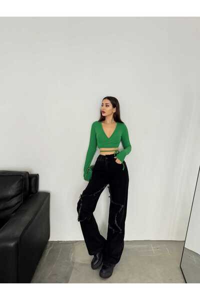 SHEVEGA Women's Black Leg Starred Wide Leg Jeans Jeans Pants