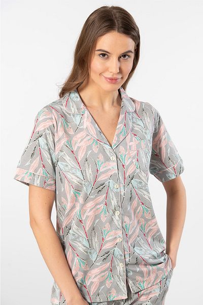 TÜREN Modal & Cotton, Μπροστινό κουμπί, Κοντό μανίκι, Γυναικείο Σετ Πιτζάμες Γκρι