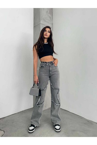 SHEVEGA Women's Smoked Leg Starred Wide Leg Jeans Jeans Pants