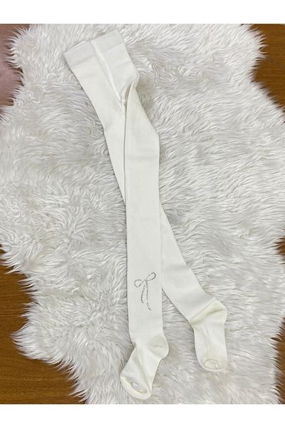 skycott Female Child Shiny Stone Bow Detail Solid Color Cotton Pantyhose