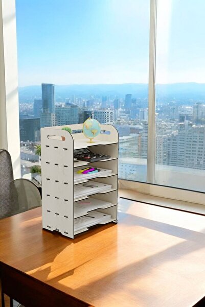 Evene Dosya Düzenleyici Masa Üstü Organizer Ahşap Evrak Rafı Açık Meşe Renk Model 5