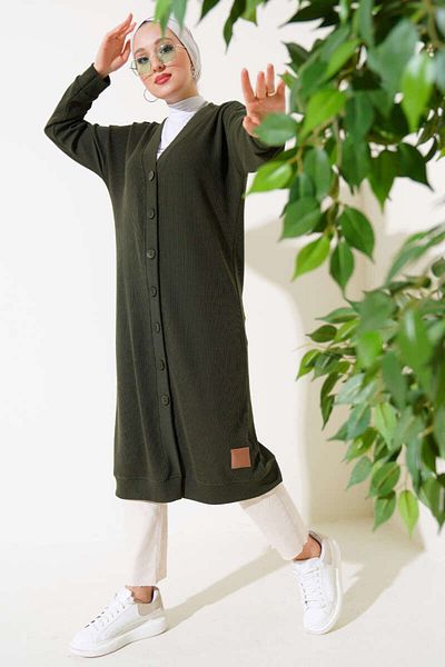 VOLT CLOTHİNG Women's Tall Buttoned Ribbed Long Cardigan