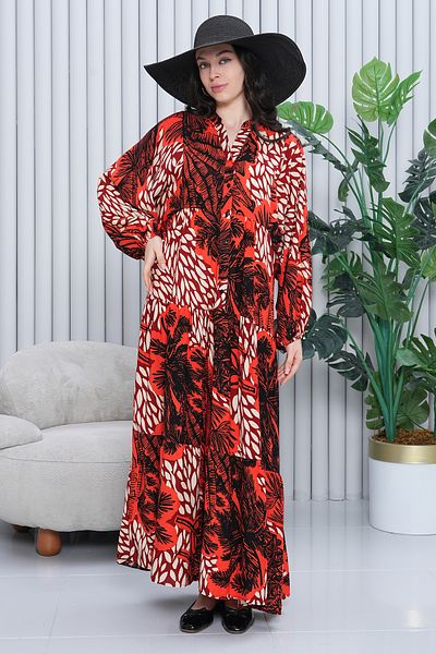 AYASOFYA OTANTIK Women's Red Button Detailed Placket Collar Print Loose Balloon Sleeve Long Dress
