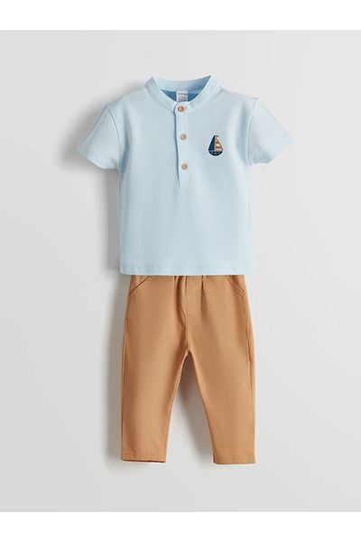 LC Waikiki Lcw Baby Blue Prevailing Collar Printed Baby Boy T-Shirt and Pants 2Pcs