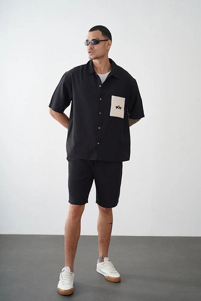 Butik Trend We Patch Detail Pocket Shirt with Elastic Waist and Cord Oversize Fit Shorts Bottom Top Set