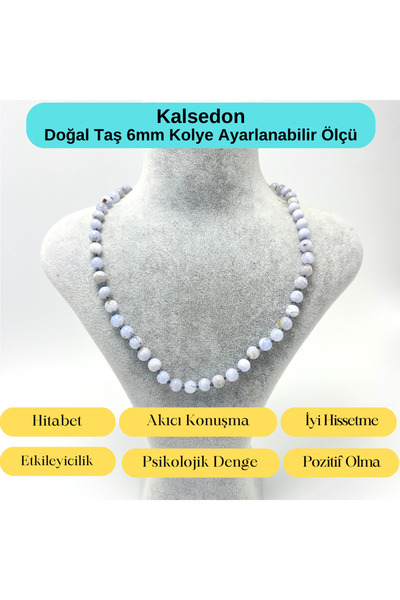 YILDIZ DOĞAL TAŞ SERTİFİKALI Kalsedon Doğal Taş 6mm Makrome Kolye 45cm- 55cm ...