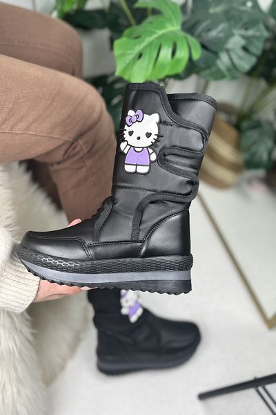 Nstil Casual μαύρες γυναικείες μαύρες μπότες χιονιού Hello Kitty με γούνα εσωτερικά και αντιολισθητική σόλα Velcro 802