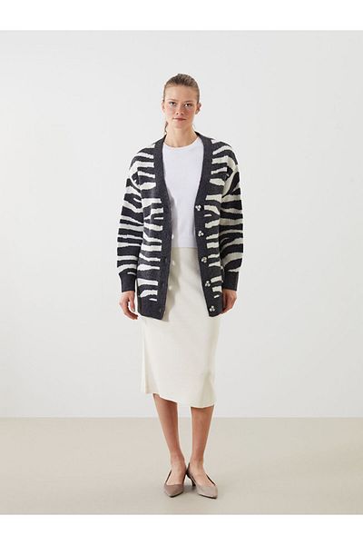 LC Waikiki Lcw V-Neck Zebra Pattern Women's Knitwear Cardigan Fast Fashion