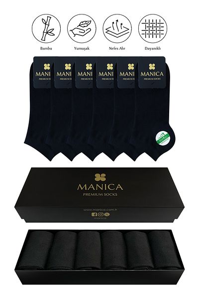 MANICA Мъжки бамбукови чорапи до глезена, 6 чифта - черни