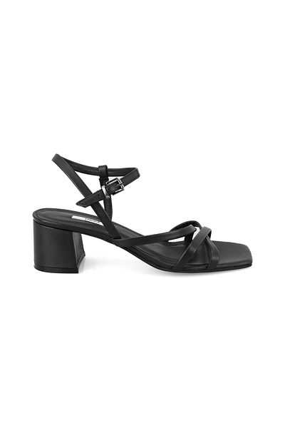Desa Sandale de damă din piele neagră cu cataramă reglabilă cu toc