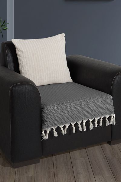 LADYNİL Anthracite Color 100% Cotton Sofa Cover - Fringed, Seating, 70X95 cm Armchair Cover Shawl