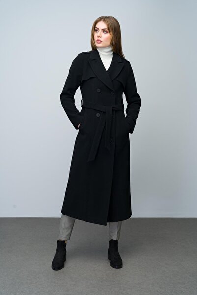 Olcay Černý dvouřadý dlouhý kabát - plášť a nárameníka Detail 3013