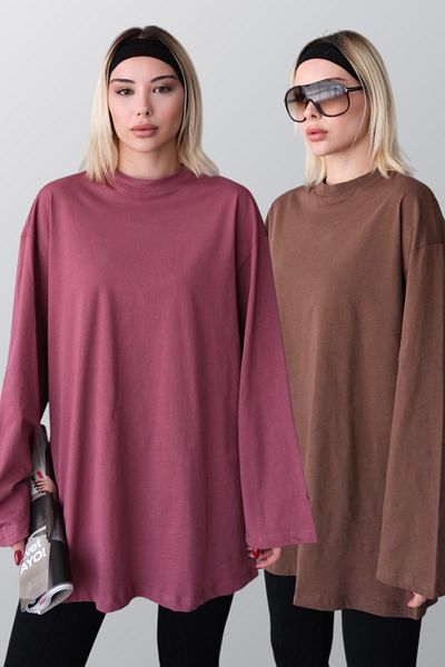 C&City Μπλουζάκι με φαρδύ μανίκι Oversize 2 Pack 964 Ροζ/Καφέ