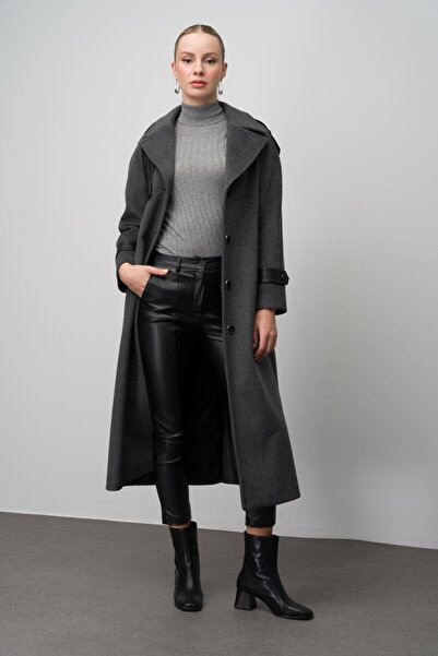 Olcay Long Dark Gray Raglan Sleeve Leather Coat with Cape and Epaulette Detail 3084