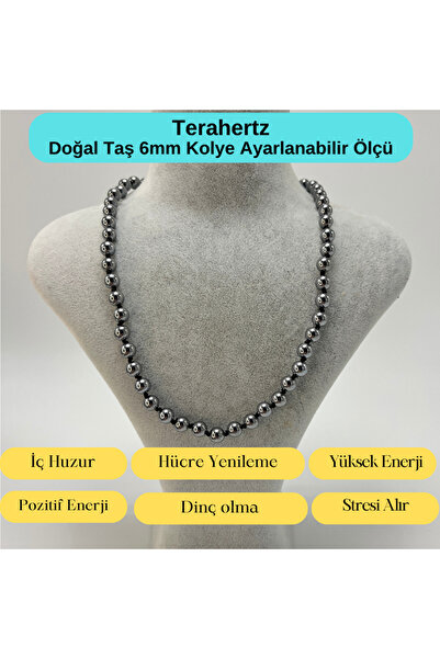 YILDIZ DOĞAL TAŞ SERTİFİKALI Terahertz Doğal Taş 6mm Makrome Kolye 45cm- 55cm...