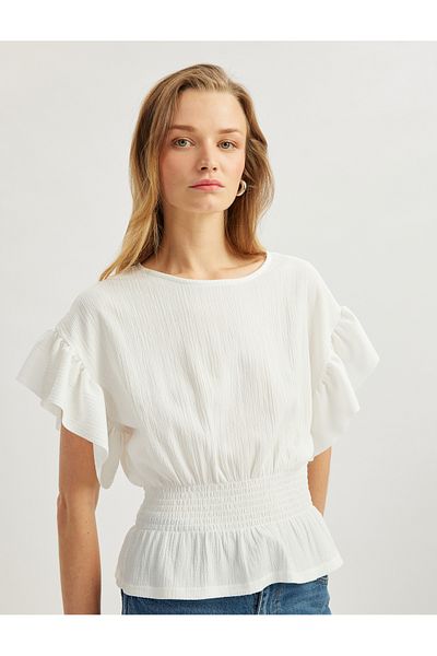 Koton Textured Gipe Detail Crew Neck Ruffle Short Sleeve Blouse