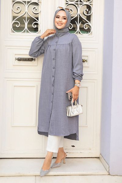 Neva Style تونيك حجاب رمادي - أزرار، موديل 5642GR