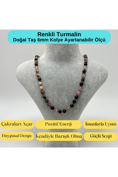 YILDIZ DOĞAL TAŞ SERTİFİKALI Renkli Turmalin Doğal Taş 6mm Makrome Kolye 45cm...
