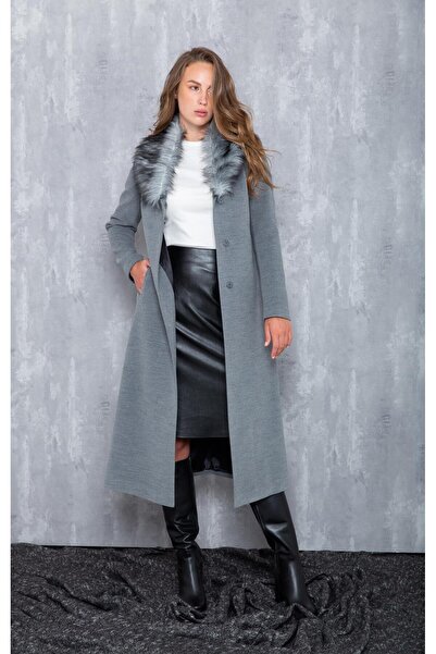 Olcay Fur Collar Tied Waist Medium Length Coat Gray 3397