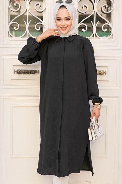 Neva Style Rochie hijab neagră cu nasturi 41401s