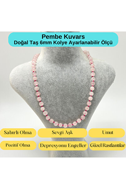 YILDIZ DOĞAL TAŞ SERTİFİKALI Pembe Kuvars Doğal Taş 6mm Makrome Kolye 45cm- 5...