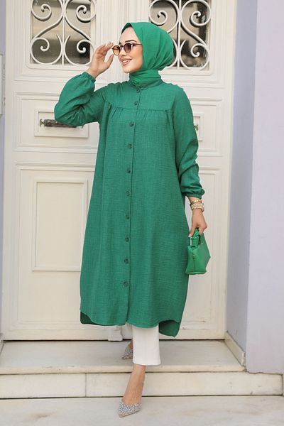 Neva Style تونيك حجاب بأزرار خضراء - 5642Y