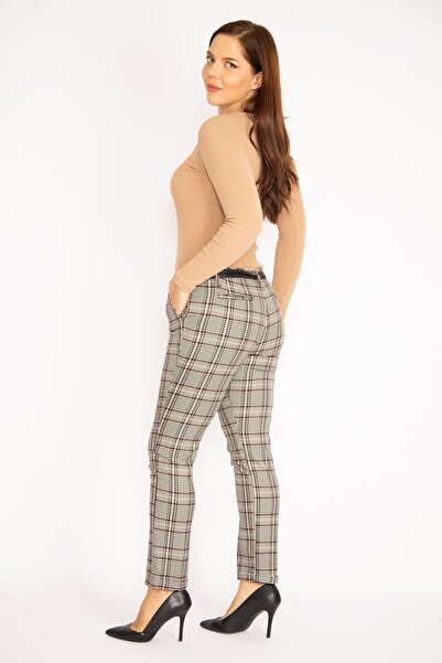 Şans Women's Burgundy Plaid Patterned Hidden Belt Front Zipper Side Pocket Faux Leather Belt Detailed Classic Trousers