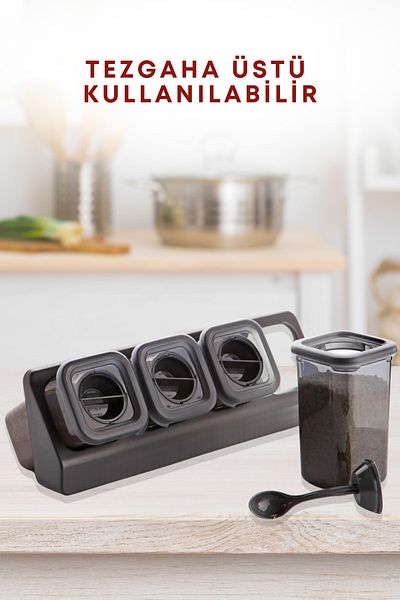GRİMOR Life 8-Piece Label Self-Adhesive Square Spice Rack Set with Stand Locking Spoon 400 Ml-Smoked