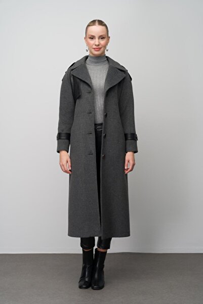 Olcay Long Dark Gray Raglan Sleeve Leather Coat with Cape and Epaulette Detail 3084