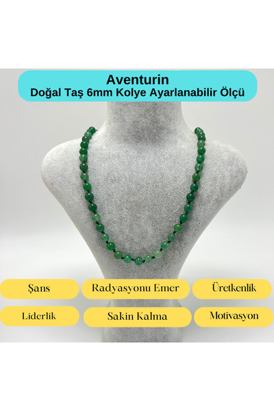 YILDIZ DOĞAL TAŞ SERTİFİKALI Aventurin Doğal Taş 6mm Makrome Kolye 45cm- 55cm...
