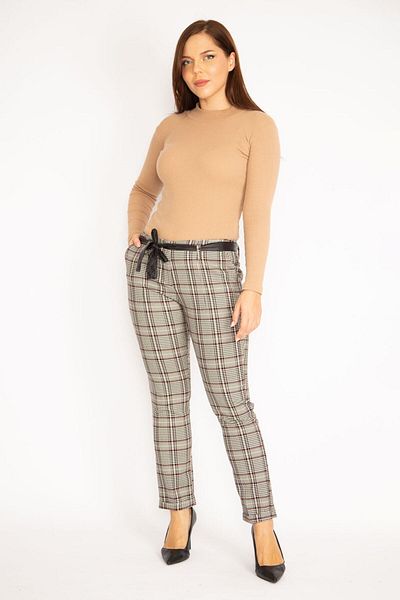 Şans Women's Burgundy Plaid Patterned Hidden Belt Front Zipper Side Pocket Faux Leather Belt Detailed Classic Trousers