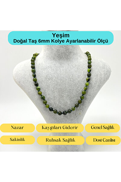 YILDIZ DOĞAL TAŞ SERTİFİKALI Yeşim Doğal Taş 6mm Makrome Kolye 45cm- 55cm Aya...