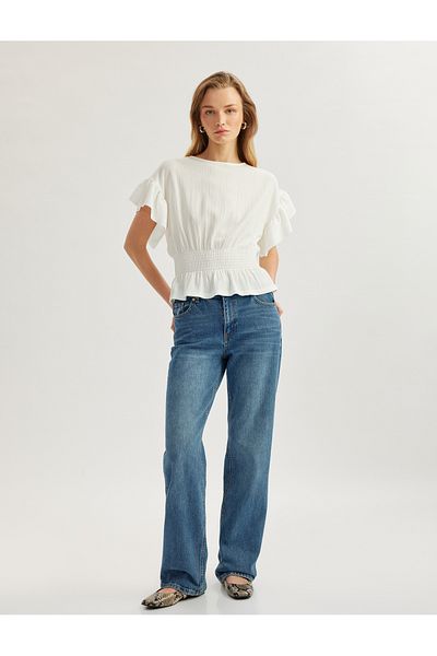 Koton Textured Gipe Detail Crew Neck Ruffle Short Sleeve Blouse