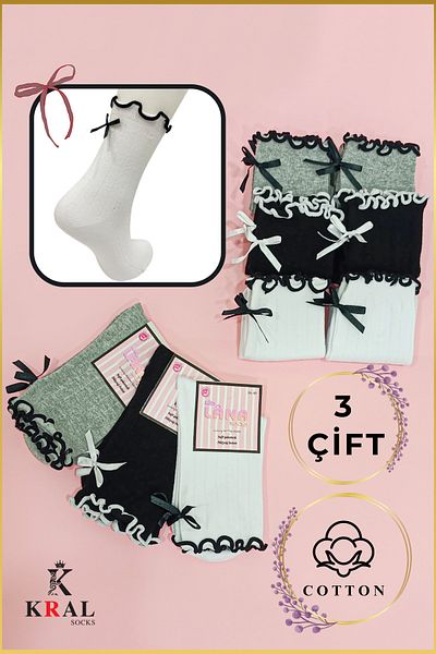 Miss Lana Women's Socks Bow Ribbon Patterned Frilly (3 Pairs) Summer Socks