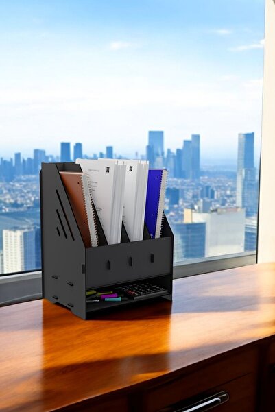 Evene Dosya Düzenleyici Masa Üstü Organizer Ahşap Evrak Rafı Siyah Renk Model 7