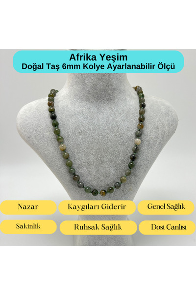 YILDIZ DOĞAL TAŞ SERTİFİKALI Afrika Yeşim Doğal Taş 6mm Makrome Kolye 45cm- 5...