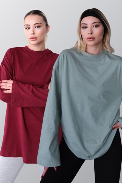 C&City Oversize μπλουζάκι με φαρδιά μανίκια - Πακέτο 2 964 Çağla/Claret Red