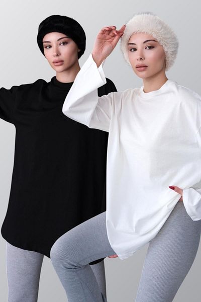 C&City Oversize μπλουζάκι με φαρδιά μανίκια - Πακέτο 2 964 Μαύρο/Εκρού