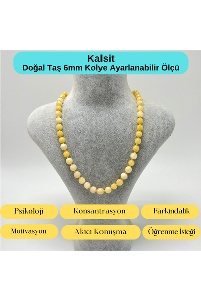 YILDIZ DOĞAL TAŞ SERTİFİKALI Kalsit Doğal Taş 6mm Makrome Kolye 45cm- 55cm Ay...
