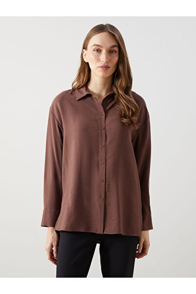 LC Waikiki Καφέ Oversize Crinkle Γυναικείο Πουκάμισο Τουνίκ