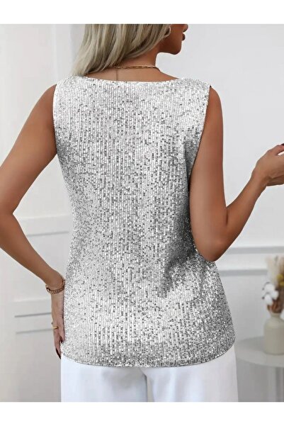Modamorfo Sequin Sequined Zero Sleeve Blouse -Silver
