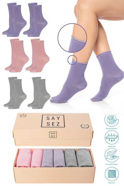 SAYSEZ Premium Bamboo Women's Socks - Elasticated, Seamless, 6-Piece Box, No Trace, No Tightening