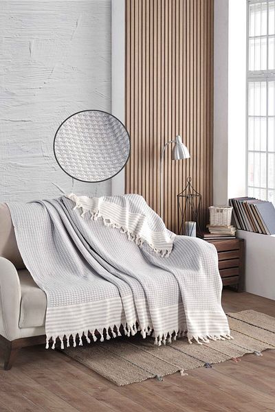 LADYNİL Pyramid Gray Sofa Cover| Sofa Shawl 180x210 Cotton