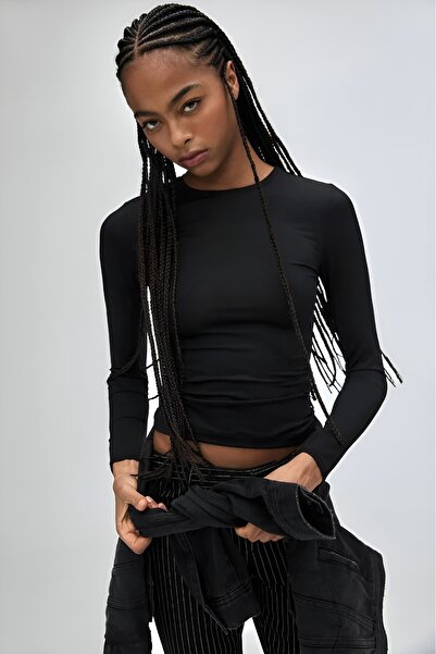 EMSEY طية صدر السترة طويلة الأكمام أسود مرن ليكرا بادي الجسم الممشط