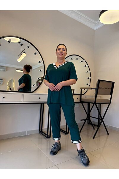 garajmood Burgundy Stripe Detailed Large Size Bottom-Top Set with Pockets