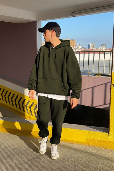ruNadeS Men's 3 Thread Wide Fit Hooded Kangaroo Pocket Tracksuit Set - Casual