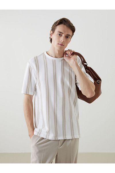 LC Waikiki Ecru Crew Neck Short Sleeve Striped Men's T-Shirt
